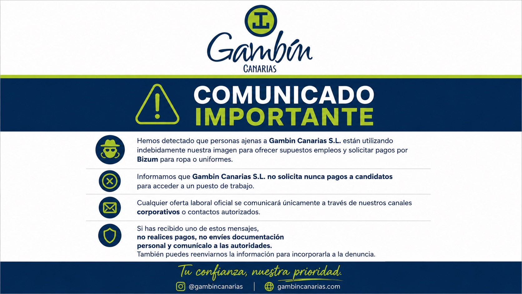 Gambín Canarias alerta sobre un intento de fraude que utiliza su imagen para falsas ofertas de empleo